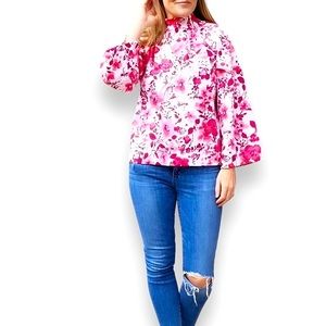 COLLYN RAYE Cotton Ruffle Collar Neck Top Red & White Floral Long Sleeve Blouse